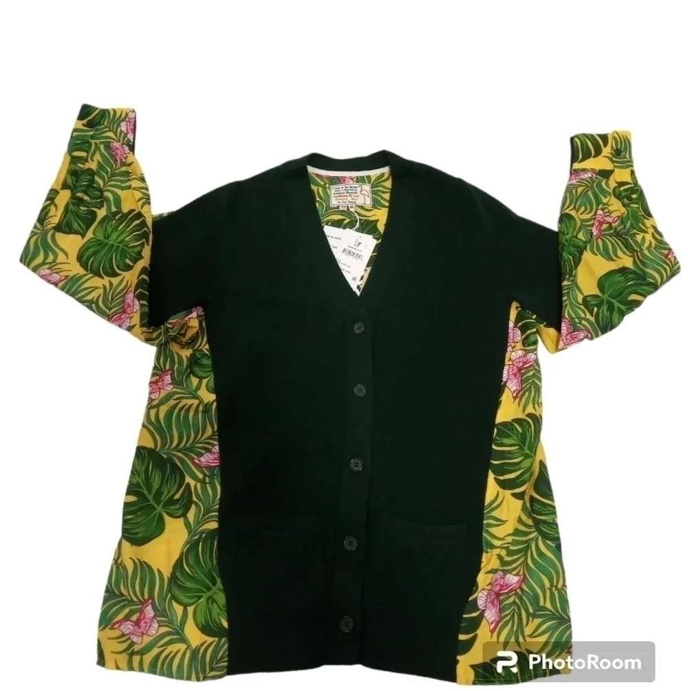 Free People x Sandrine Tropical Palm Tree Mixed Media Cardigan Sweaterl Small